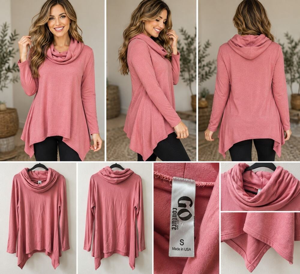 GO Couture Women’s Small Pink Cowl Neck Tunic Top Asymmetrical Hem Made USA